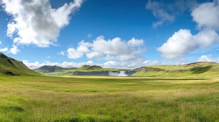 Fototapeta premium Icelandic waterfall, green plains, sunny day, cloudscape, nature landscape