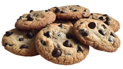 Freshly Baked Chocolate Chip Cookies Stacked Together on Transparent Background