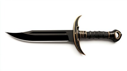 A sleek black and gold fantasy dagger with an ornate hilt rests on a clean white surface, showcasing its blade and detailed design for close inspection.