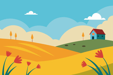 windblown prairie with distant barns and colorful 