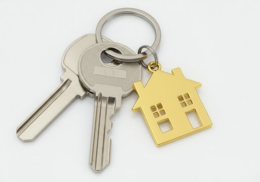 Close up of keys with a house shaped keychain on a white background in a studio setting