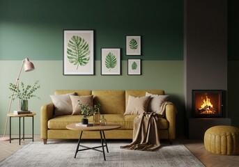 A living room with a yellow sofa, leaf prints, fireplace and green and beige color wall design