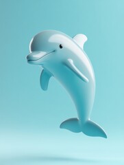 Obraz premium Light blue cartoon dolphin in mid-air against a pale blue background.