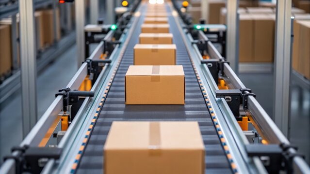 Conveyor belt transporting cardboard boxes in a warehouse setting, showcasing automated logistics and packaging processes.
