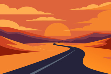 windswept desert road vanishing into a dramatic 