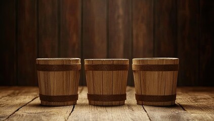 Rustic wooden barrels on wooden table