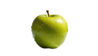 Fresh Granny Smith apple with water droplets on a clean white background, highlighting its crispness and vibrant color.