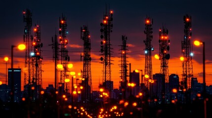 Fototapeta premium Cityscape at Dusk with Communication Towers. Silhouette of tall communication towers against a vibrant orange sunset sky. City lights blur in the foreground, highlighting the network infrastructure