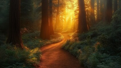 Sunlit path through redwood forest (1)