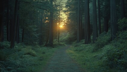 Fototapeta premium Sunlight filters through ancient forest path. Lush greenery surrounds a gravel pathway. Golden light illuminates the trees