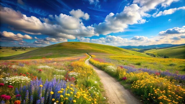 A serene spring landscape on rolling hills with a meandering dirt path and vibrant wildflowers, set against a clear blue sky with puffy white clouds , spring landscape, blue sky
