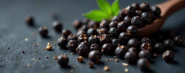 Scattered black peppercorns on a dark background , gourmet, cooking