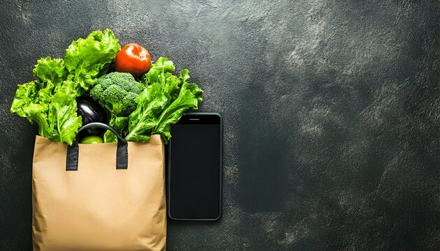 Fresh Vegetables in Paper Bag with Smartphone on Dark Background