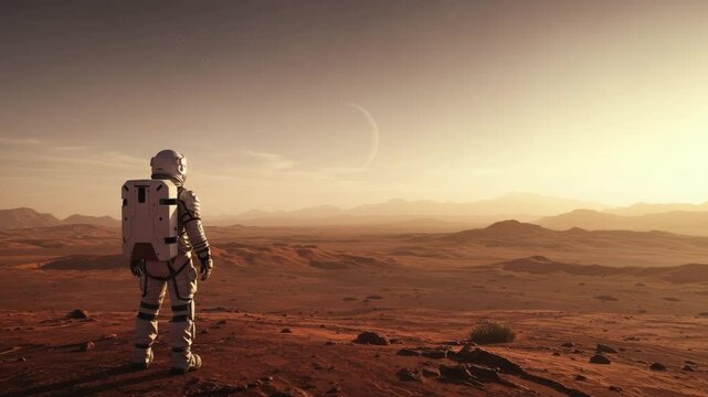 Astronaut stands alone on a vast, reddish alien planet landscape gazing towards the horizon at sunset, representing space exploration, future colonization and the human spirit of discovery