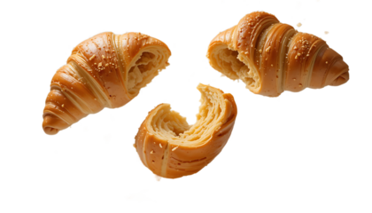 Delicious croissants with a bite taken out, isolated on a white background