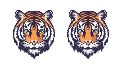 Obraz premium Two identical tiger head illustrations with detailed stripes and intense staring eyes on white background