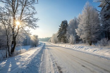 Obraz premium A snowy winter road winds through a cold mountain landscape with frozen trees under a white sky