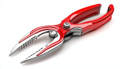 Obraz premium Red handled fish cracker with silver accents gleaming against a stark white background, a tool used for opening crab and lobster with ease and efficiency.