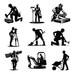 Construction worker bundle set collection vector illustration isolated on a white background