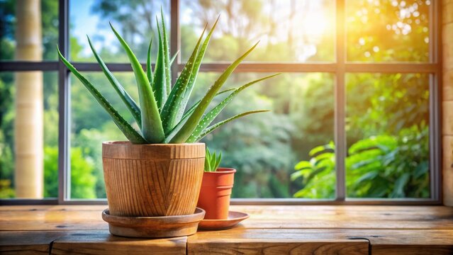 Aloe Vera plant in a terracotta pot on a wooden bucket under a sunroom window , plant bucket