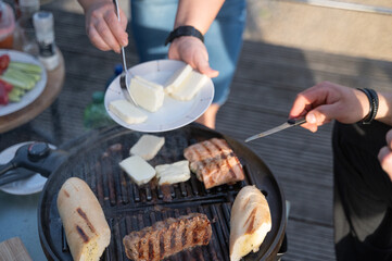 Enjoy a delicious outdoor BBQ with perfectly grilled meat and tempting cheese delicacies