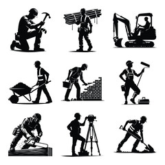 Construction worker bundle set collection vector illustration isolated on a white background