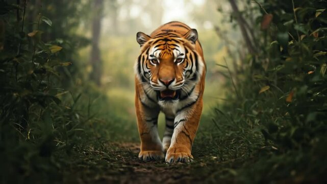 Approaching Tiger Walking Directly On Jungle Path In Natural Habitat