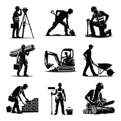 Construction worker bundle set collection vector illustration isolated on a white background