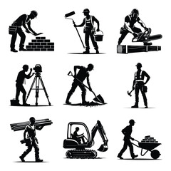 Construction worker bundle set collection vector illustration isolated on a white background