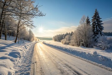 A snowy winter road winds through a cold mountain landscape with frozen trees under a white sky