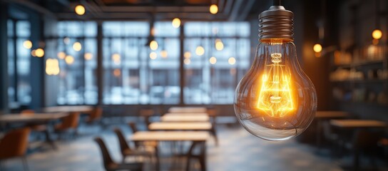 Cafe interior with glowing light bulb