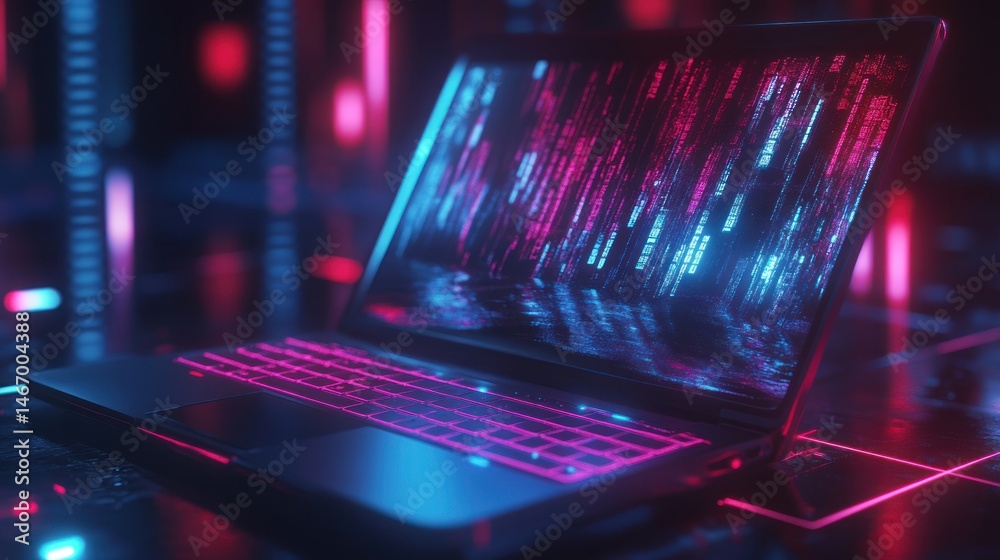 Poster futuristic laptop displaying streaming binary code data on a neon-lit surface.