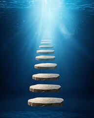 Fototapeta premium Question marketing risk. A path of stone steps rises upward underwater, illuminated by rays of sunlight filtering through the surface above.