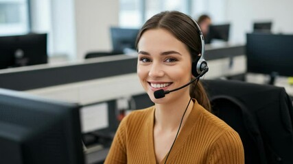 Positive call center agent with a headset looks directly at the camera providing assistance in a modern office environment, representing effective customer support and BPO services