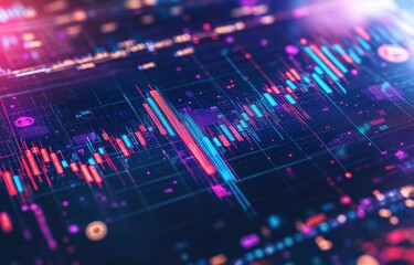 Abstract digital display with vibrant, fluctuating data visualizations.  Detailed bar graphs and lines, showcasing financial or technological trends.  