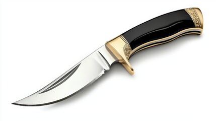A gleaming hunting knife with a silver blade and black handle with ornate gold accents sits on a clean white surface in a product shot for sale.