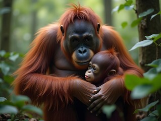 Naklejka premium Mother orangutan holding her baby in rainforest