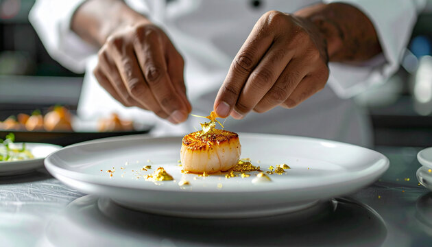 Gourmet chef preparing exquisite scallop dish restaurant kitchen food photography bright close-up