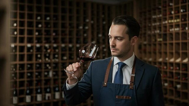 Professional sommelier in an apron inspects red wine clarity in a glass within a stocked cellar, showcasing expertise in viticulture and the hospitality industry