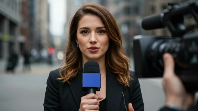 Female reporter conducts a live broadcast with a microphone on a busy city street for a news segment, representing modern journalism and on-the-spot reporting