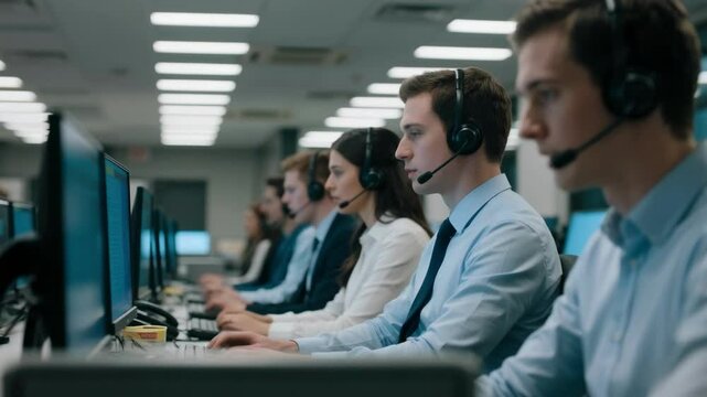 Call center agent with a headset diligently works at a computer in a busy customer service office, part of a team providing support, representing communication and client assistance