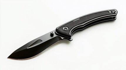 A sleek black folding knife with a blade and textured handle is displayed against a clean white background highlighting its design and utility features.