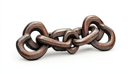 Obraz premium Three rustic iron chain links are interconnected, showcasing weathered textures and creating a strong, durable connection on a clean, minimalist white background.