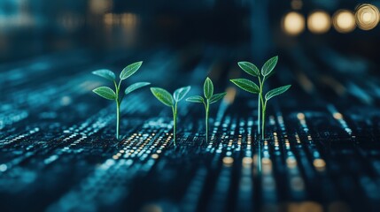 Sustainable digital future with sprouting plants on a tech circuit symbolizing growth and innovation in the technology sector