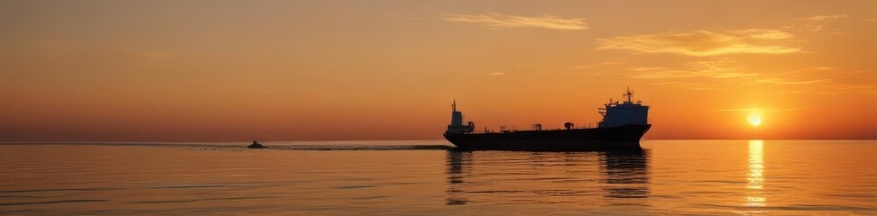 Fototapeta premium Cargo vessel silhouette, vibrant containers, golden hour glow, tranquil sea, picturesque horizon, hour, freight, container