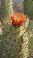 Close-up of prickly pear cactus, sharp thorns visible, succulent, sharp, desert plant