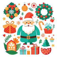 a vibrant collection of Christmas-themed illustrations, from jolly Santa's to twinkling ornaments