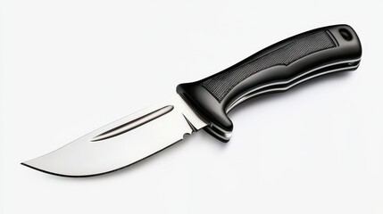 Fototapeta premium A shiny hunting knife with a black handle and a gleaming steel blade rests on a clean white surface, its edge reflecting the bright studio lighting perfectly.
