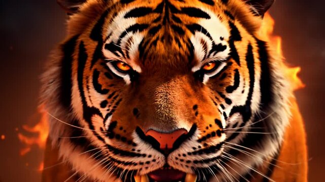 Roaring Tiger Surrounded by Fiery Flames Intense Animal Close-up