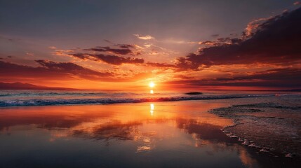 Fototapeta premium A captivating orange sky over the sea, with the water reflecting the deep colors of the sunset and creating a tranquil atmosphere